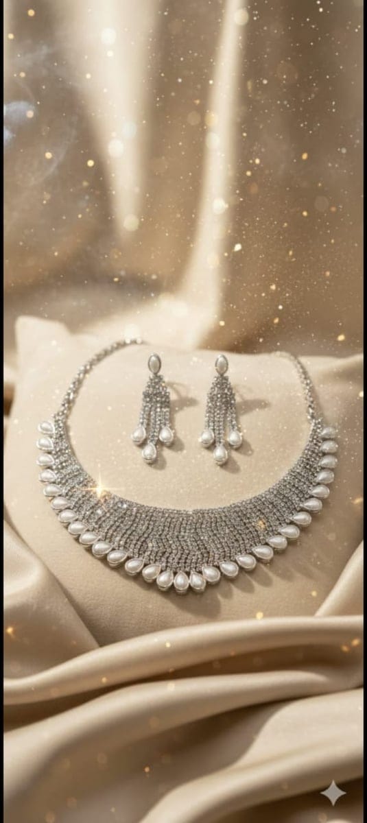 Silver Pearl Choker Necklace Set with Tassel Earrings (Silver, Free Size) | Sparkling Crystal Stones & Elegant Pearl Detailing | Wedding & Festive Occasions