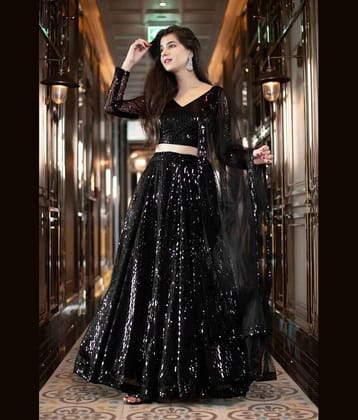 kedar fab Black Net A-line Semi Stitched Lehenga Single