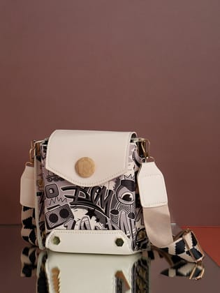 White Printed Vegan Leather Sling Bag-Sling Bag