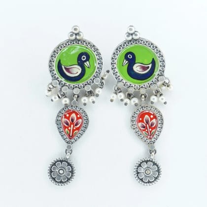 Silver Oxidized Earrings with Bird and Flower Motifs