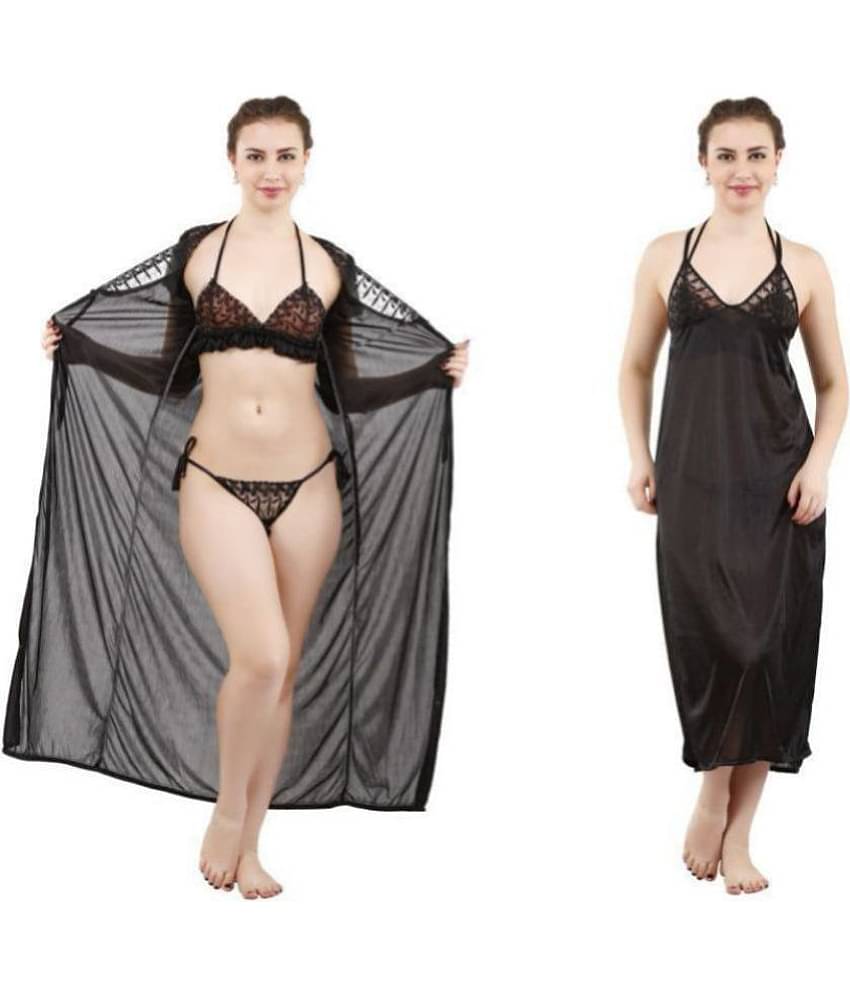 Romaisa Satin Night Dress - Black Pack of 4