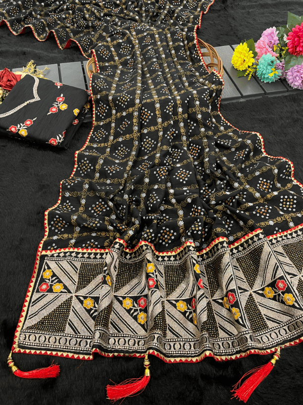 new design fancy saree with hevy Embriodery Work With fancy lace Border party wear & fastive wear saree With Embriodery Work Blouse