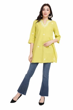 The Chikankari Story: Yellow Chikankari Hand Embroidery Short Cotton Kurti for Women - Mughalayi Motif, Lakhnavi Heritage, Top-Selling Style-XL