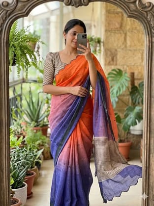 Launching new Soft Linen cotton Digital printed saree with aari work  & foil mirror work with aariwork cut work border