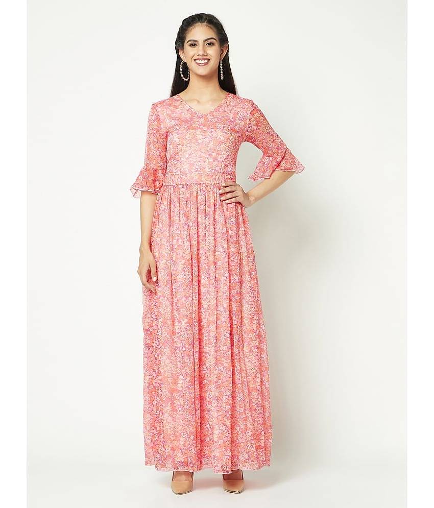 Glito Women Chiffon Printed Gown ( Pink )