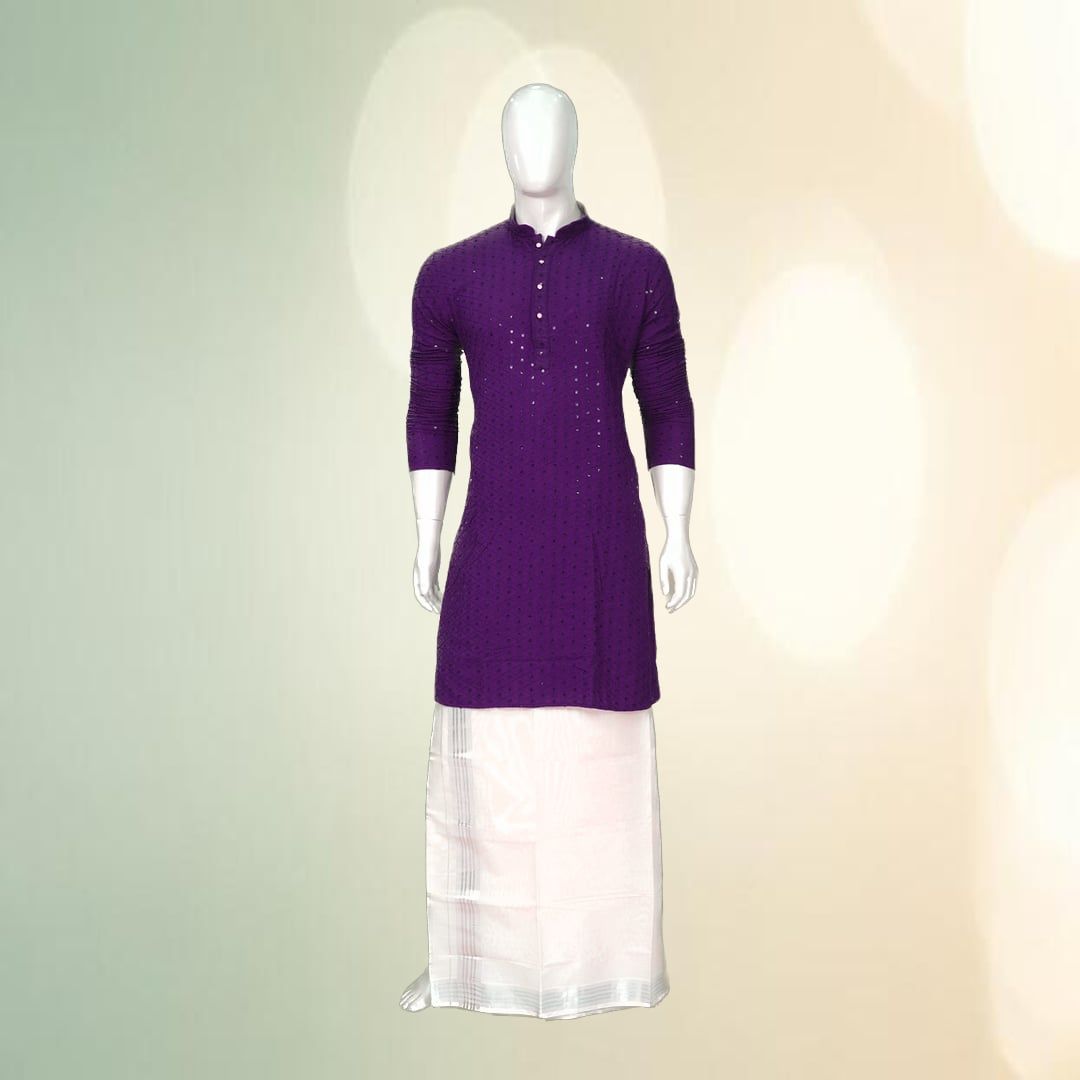 Men's Purple Embroidered Kurta with White Dhoti Set | Traditional Ethnic Wear | Festive & Wedding