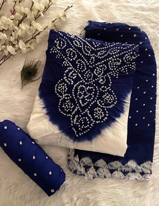 Soft Cotton Satin White Concept Kusum Neck work Bandhani Dress Material (Unstitched)-Blue