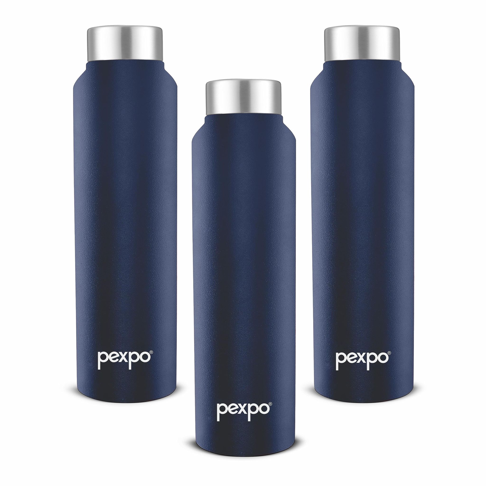 PEXPO Stainless Steel Fridge Water Bottle, 750 ml, Denim Blue, Chromo Xtreme | Leak-Proof & Easy to Grip Water Bottle (Pack of 3)