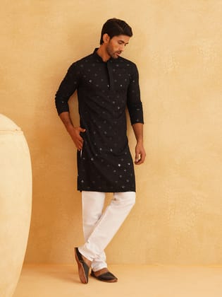 Men's Cotton Embroidered Sequinned Black Kurta with white Churidaar Pyjama-42