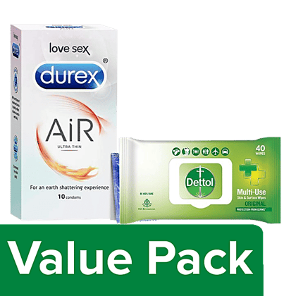 bb Combo Durex Air Condoms 10pcs+Dettol Disinfectant Skin & Surface Original Wipes 40pcs, Combo 2 Items