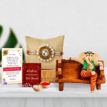 Designer Handcrafted Stone Pearl Rakhi with Lord Ganesha in McDonald Style Visiting Card Holder and Roli Chawal Pack, Best Wishes Greeting Card