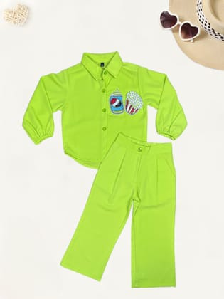 Girls Green Popcorn Co-Ord Set [GCS-4840] (4-12Years)-4-5Y (Size - 24) / Imported / Neon Green