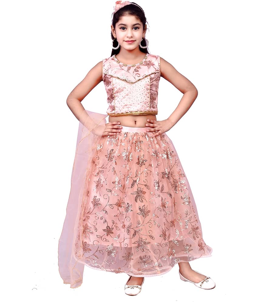 Arshia Fashions Net Lehenga Choli Set For Girls ( Pack of 1 , Peach )