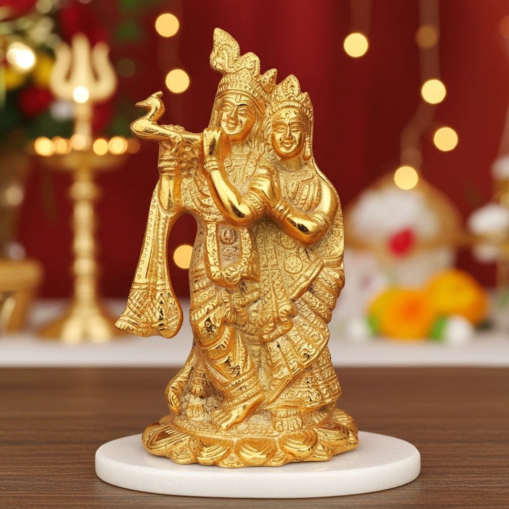 Aluminium Radha Krishna Idol ? Gold Finish Home Decor Showpiece, Height : 7.5 Inch (ASMAS242 G)