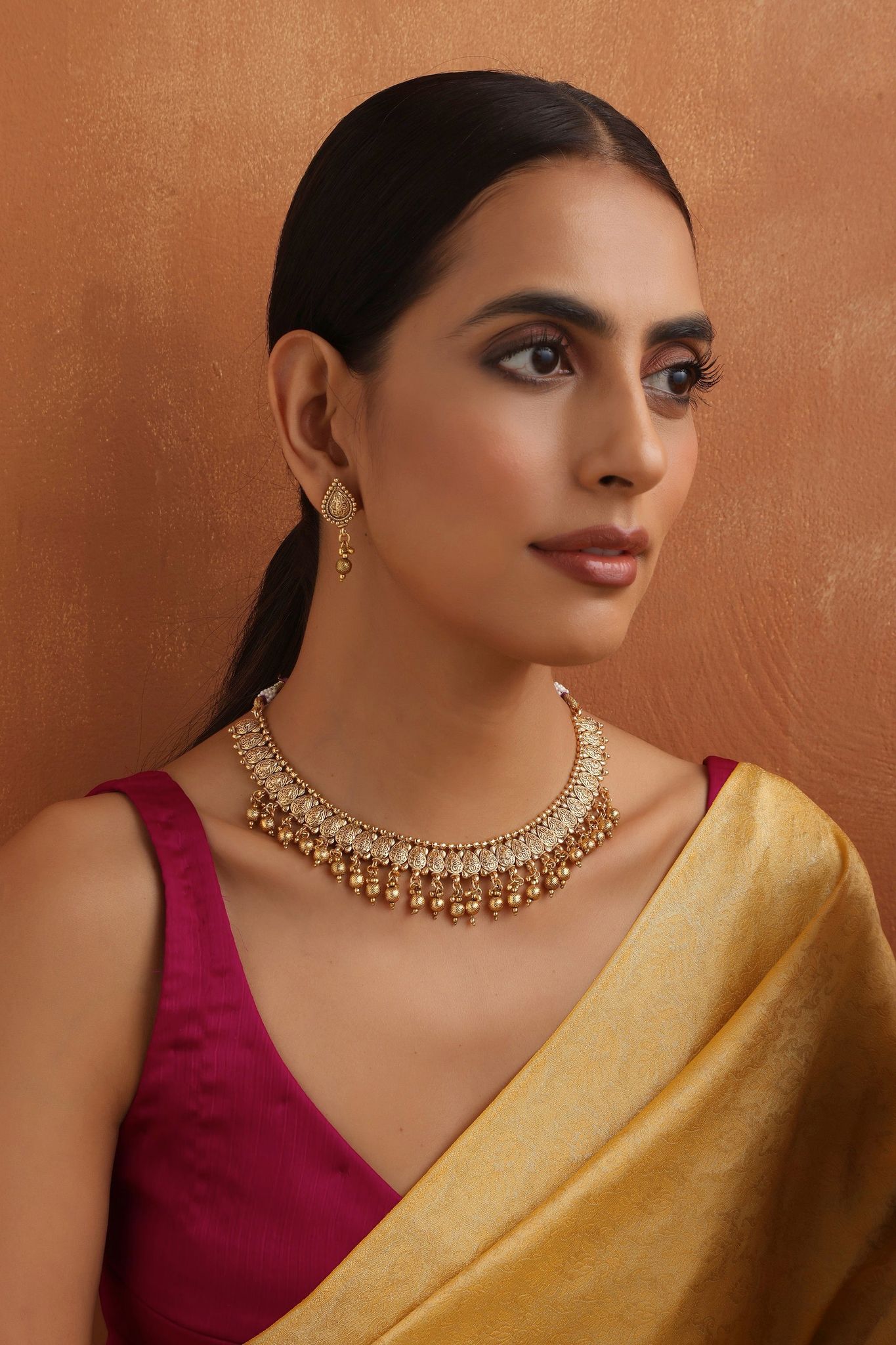 Dhruvika Gold Temple Necklace Set-Temple Work