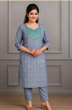 Women's Cotton Kurta Pant Set, Grey withGreen Embroidery, 3/4 Sleeves, Plus Size