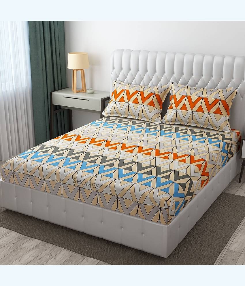 SHOMES Cotton Geometric Fitted 1 Bedsheet with 2 Pillow Covers ( Double Bed ) - Multi