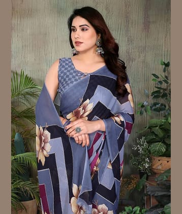 TTH Georgette Printed Leheriya Saree With Unstitched Blouse Piece ( Blue )