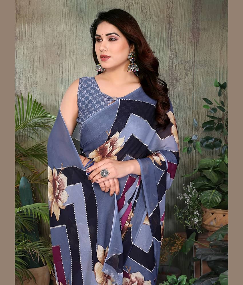 TTH Georgette Printed Leheriya Saree With Unstitched Blouse Piece ( Blue )