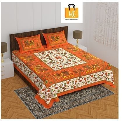 The Bedsheet Adda Standard Queen Size Pure Cotton Jaipuri Printed Economic Double Bedsheet with Two Pillow Covers- ARTICLE-1027