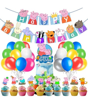 Zyozi Peppa Pig Birthday Party Supplies Include Happy Birthday Banner, Pepaa Pig Cake Topper, Balloons, Cupcake Toppers, , Pig Party Supplies for Kids (Pack of 37)