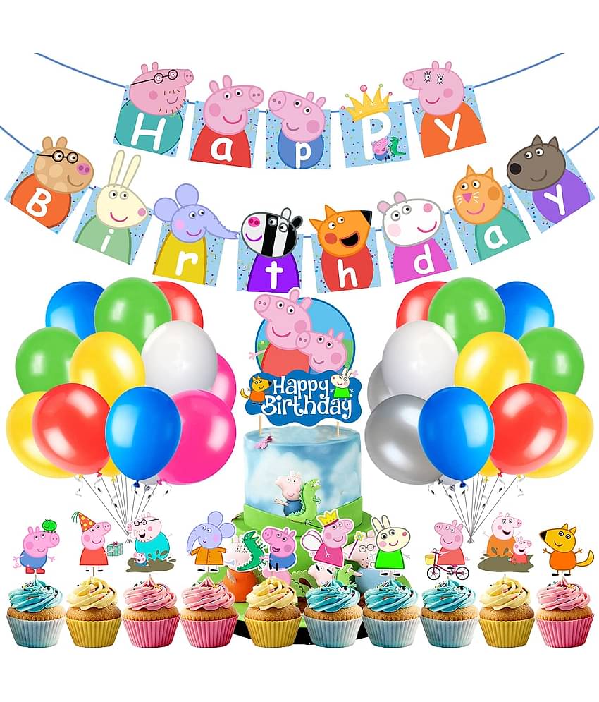 Zyozi Peppa Pig Birthday Party Supplies Include Happy Birthday Banner, Pepaa Pig Cake Topper, Balloons, Cupcake Toppers, , Pig Party Supplies for Kids (Pack of 37)