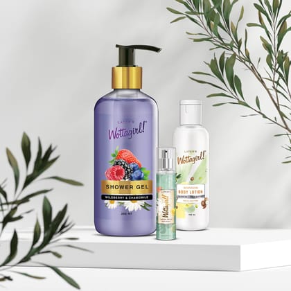 Layer'r Wottagirl Combo | Wildberry & Chamomile Shower Gel 300ML | Tuscan Green Body Splash 25ML | Moisturising Body Lotion 100ML | for Women
