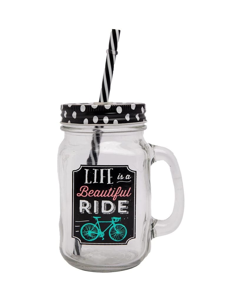 Mason Jar, with Straw & Lid, Black, Glass, 450 mL