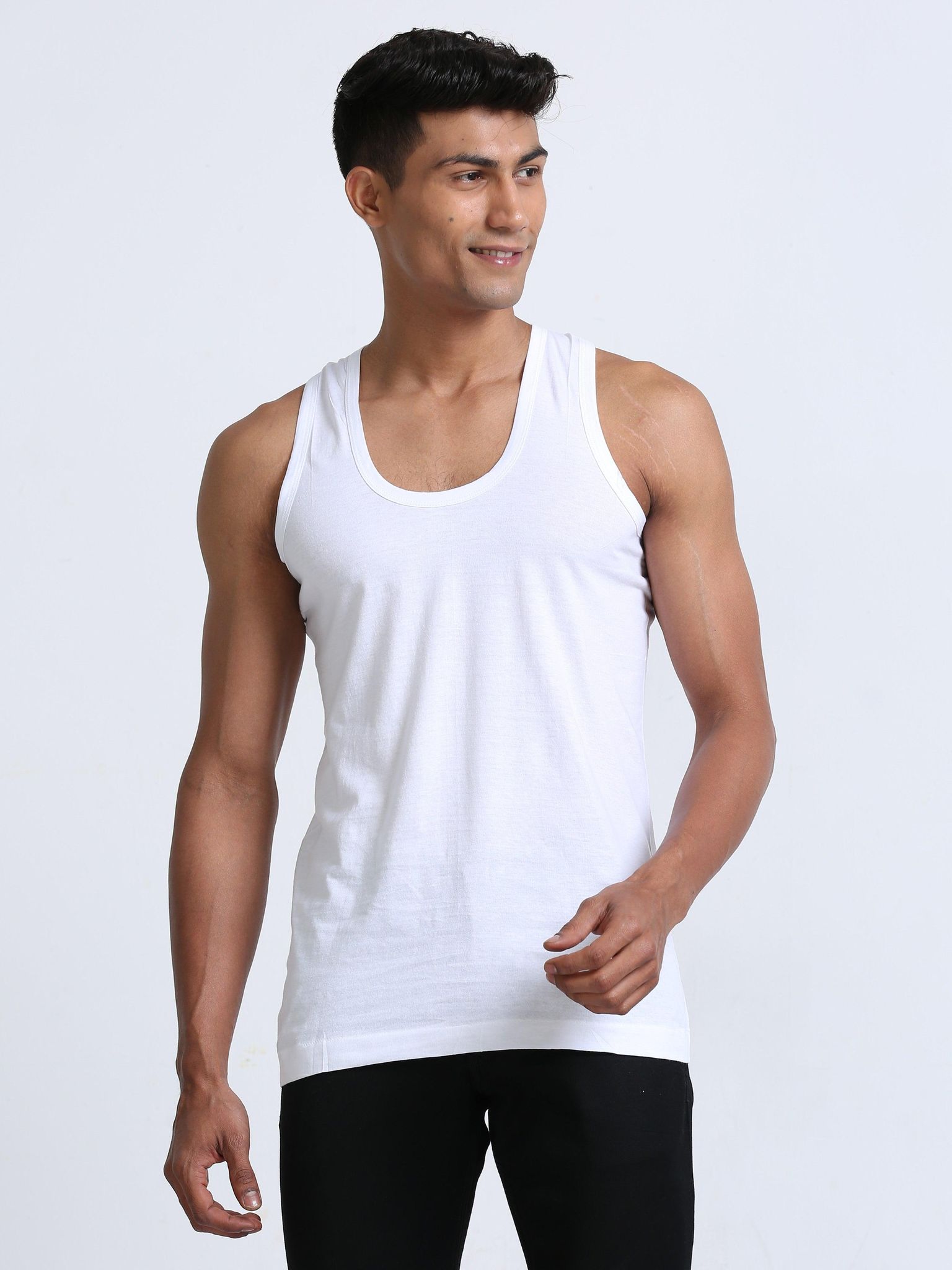White Cotton Vest Without Sleeve-75