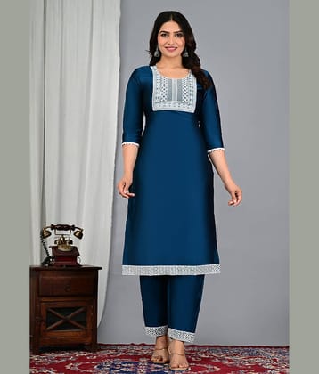 EXPORTHOUSE Silk Blend Embroidered Kurti With Pants Women's Stitched Salwar Suit - Blue ( Pack of 1 )