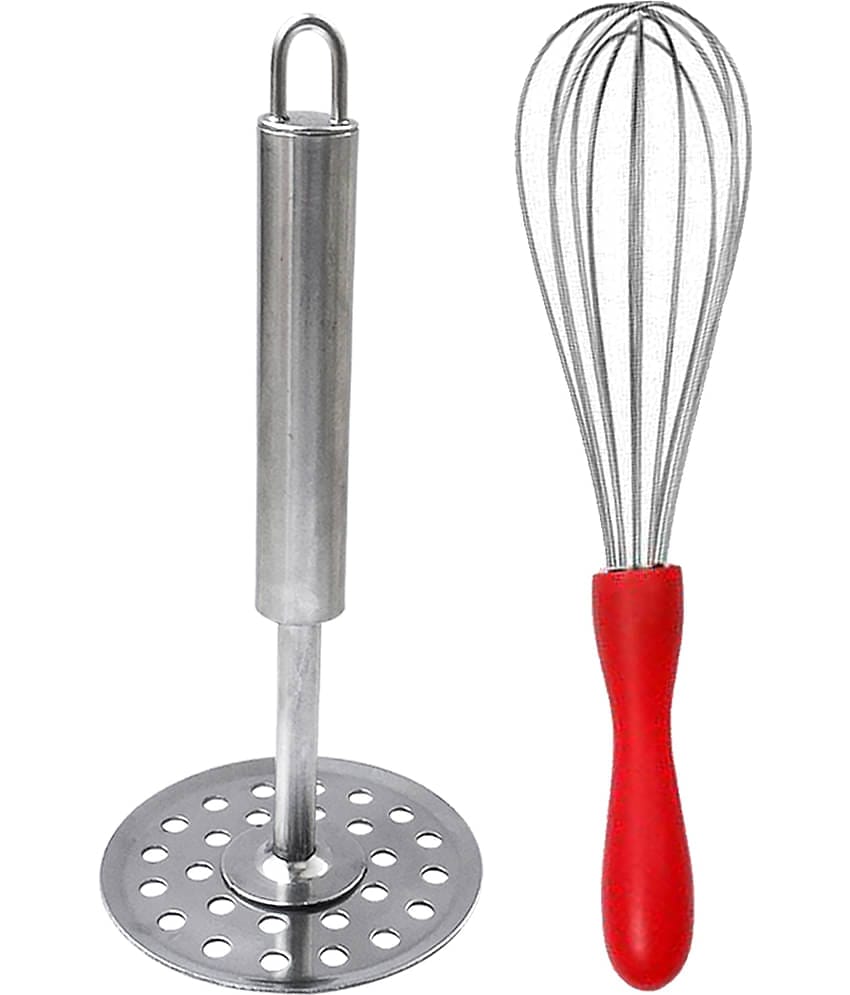 JISUN Combo Dolphin Whisk Red and Stainless Steel Potato Masher Kitchen Tool Set