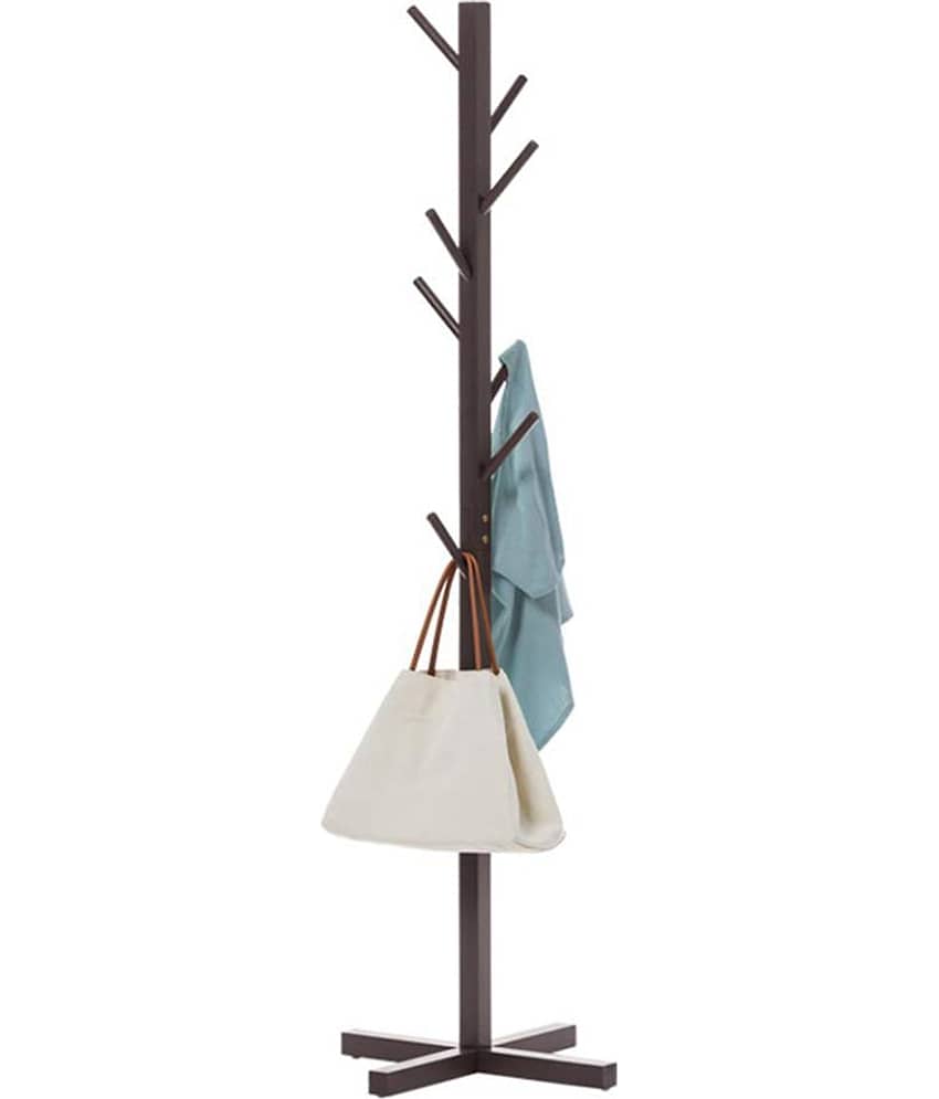 House of Quirk Bamboo Coat And Hat Rack 8 Hooks Coat Stand Clothes Rack Solid Feet for Clothes Scarves and Hats - Dark Brown