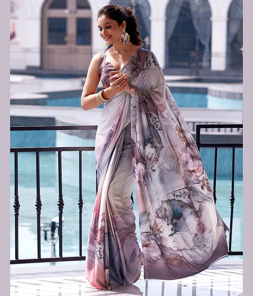 Samah Satin Printed Saree With Unstitched Blouse Piece ( Mauve )
