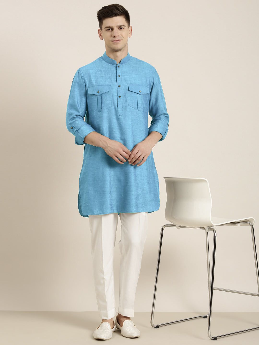 Blue Light cotton Short Pathani-Made To Measure / Pathani Pajama set