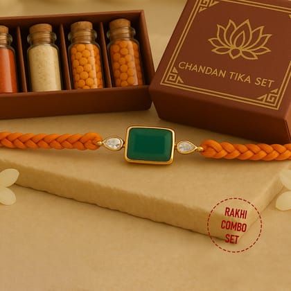 92.5 silver Green Rakhi with Chandan Tilak Set