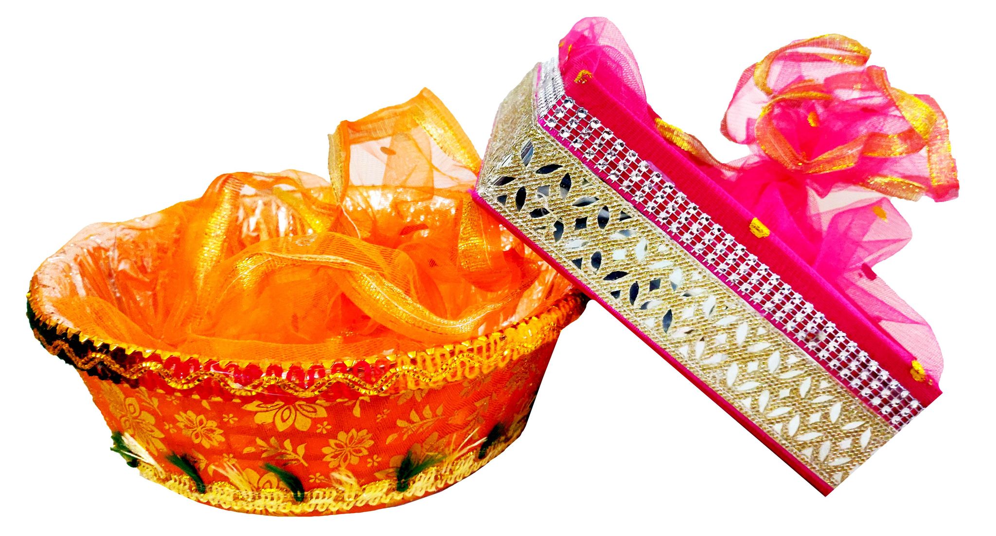 Omkar by R3 Inc. Handmade Multicolor Fancy Gift Hamper Basket Net Covering for Wedding and Festival Gift Purpose - (Pack of 2 / Large) Square & Round Basket