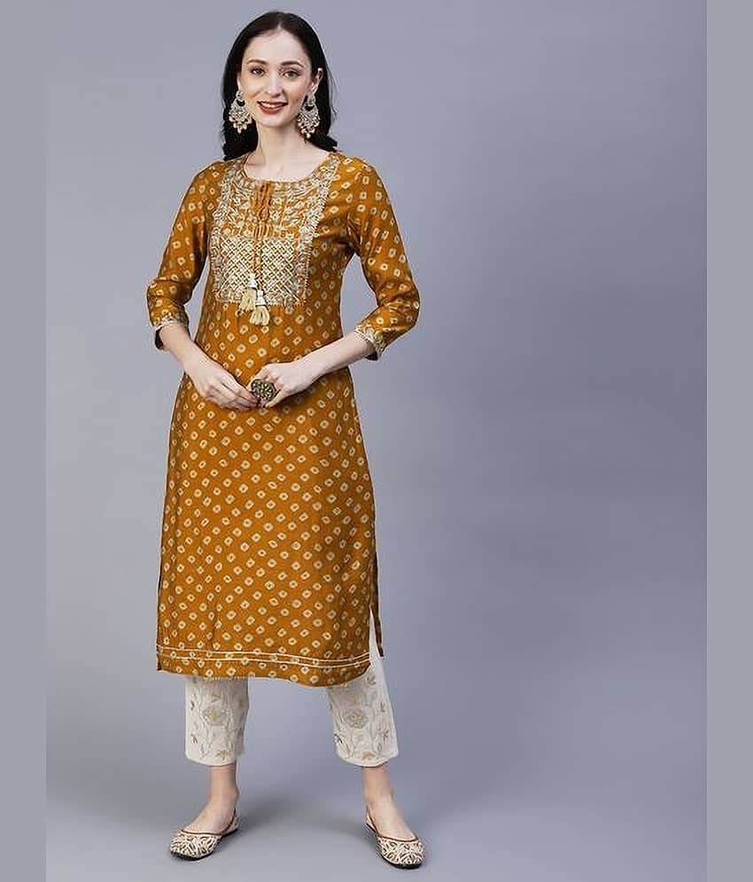 Kapadia Women's Rayon Embellished Straight Kurti - ( Orange )