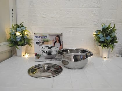 Madhuram Apple Handi 1500ml Stainless Steel 18cm with Handle Lid Induction Gas Compatible Cooking Pot