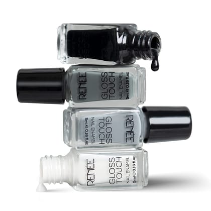 Renee Gloss Touch Nail Paint Set of 4, Quick Drying Nail Polish, Glossy Gel Finish Nail Kit, Highly Pigmented & Long Lasting Enamel, Chip Resistance 5ml Each Gift Set for Women N01 Classic Monochrome Renee Gloss Touch Nail Paint Set of 4, Quick Drying Na