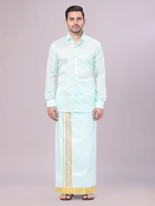 Mens Art Silk Mint Full Sleeves Shirt with 2 1/2" Gold Jari Border Dhoti Combo Neogen-36 / F/S / Mint