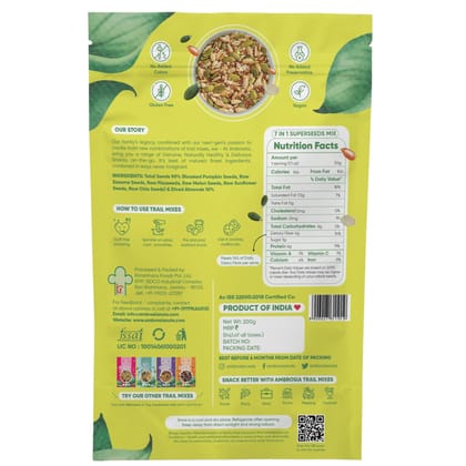 Ambrosia 7-1 Seed Trail Mix 200 g | Flax , Pumpkin , Sunflower, Chia , Melon , White Sesame & Diced Almonds | Add to Smoothie & Salad | Fibre Rich