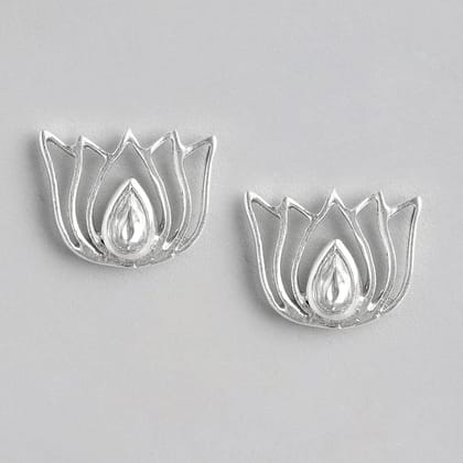 92.5 Silver White Kundan Sacred Lotus Stud Earrings-Earring
