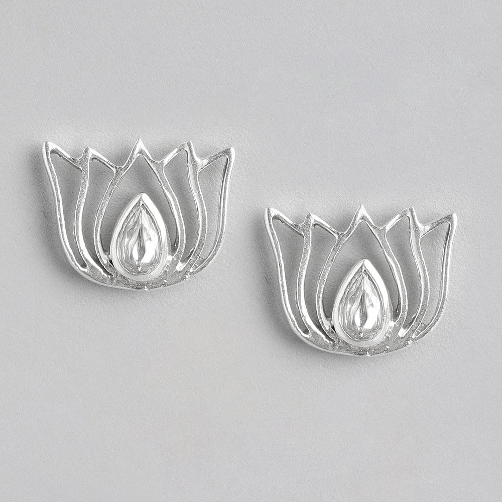 92.5 Silver White Kundan Sacred Lotus Stud Earrings-Earring