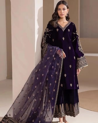 Sequence Embroidery work Winter Wear Velvet Suit-M(38)