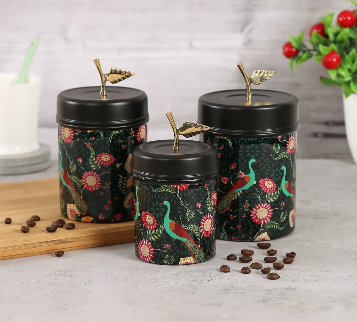 India Circus Feathers & Florals Steel Container Set Of 3