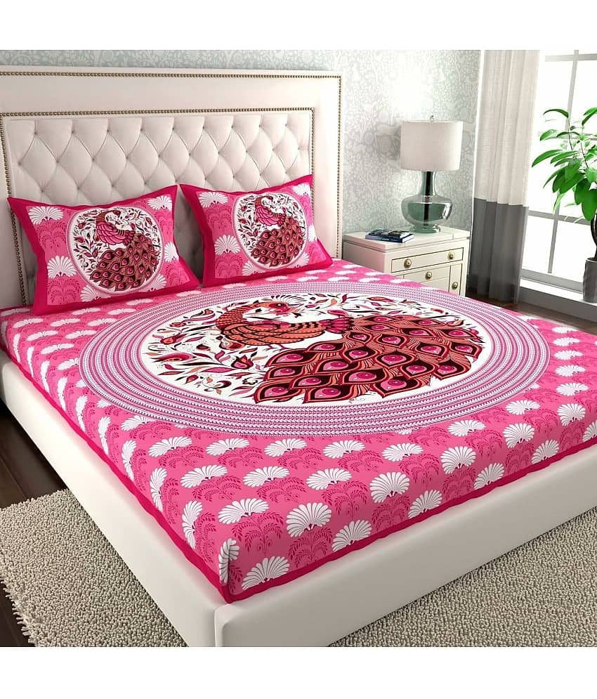 Poorak Cotton 1 Double Bedsheet with 2 Pillow Covers ( Pink )