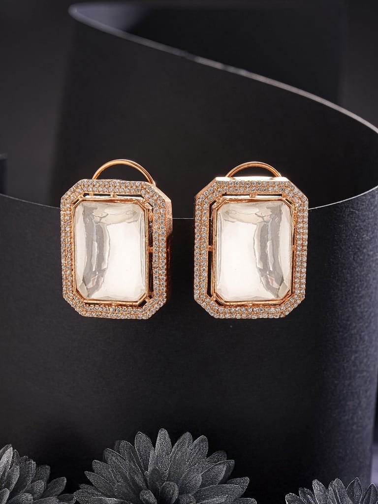 Gold Plated Uncut Polki Mossanite & AD Studded Geometric Designer Studds Earrings - Earrings | Buy online on ZillyBuy