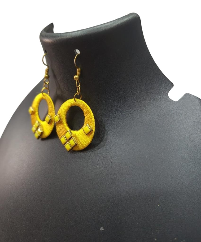 Yellow Silk Thread Hoop Earrings with Rhinestones