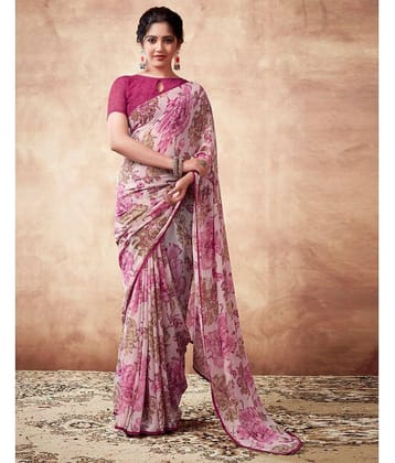 Satrani Georgette Printed Saree With Unstitched Blouse Piece ( Multicolor )