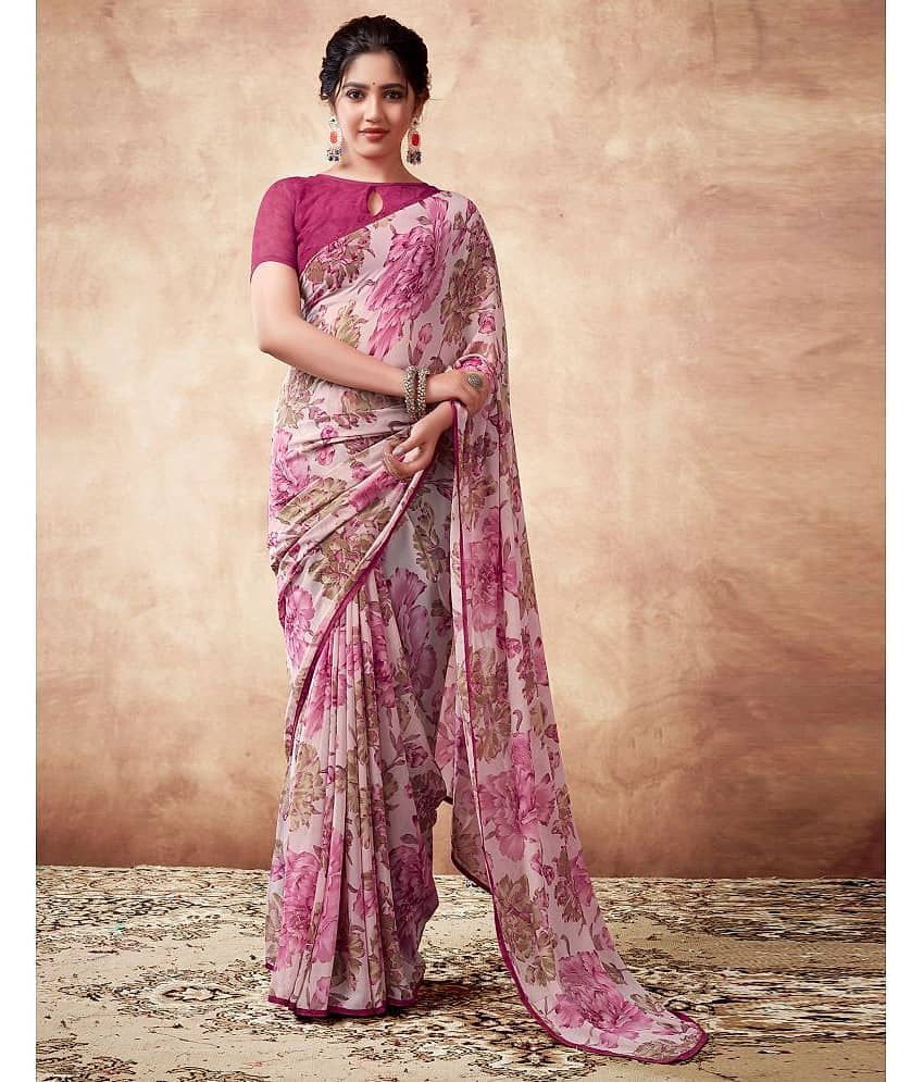 Satrani Georgette Printed Saree With Unstitched Blouse Piece ( Multicolor )